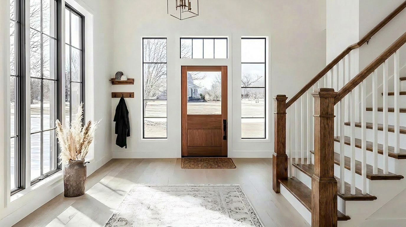 Bright modern home entryway with wooden staircase, white balusters, and natural light