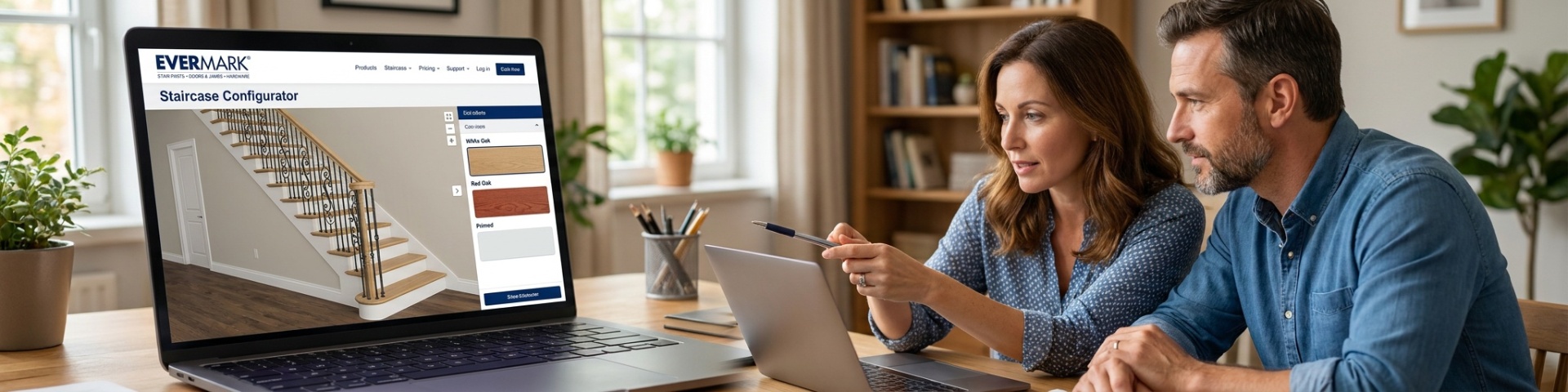 Couple using the Evermark Stair Studio configurator on a laptop
