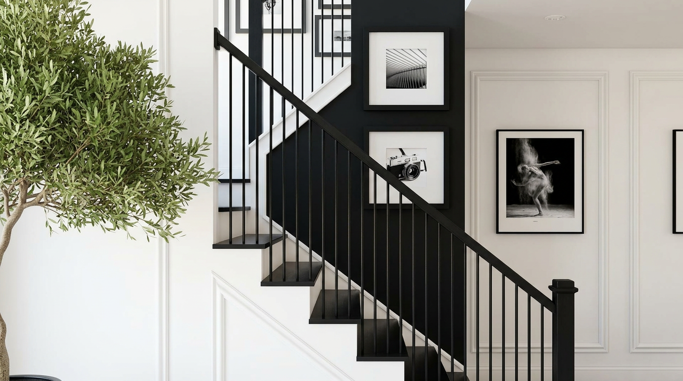 Modern staircase with black iron balusters and gallery wall